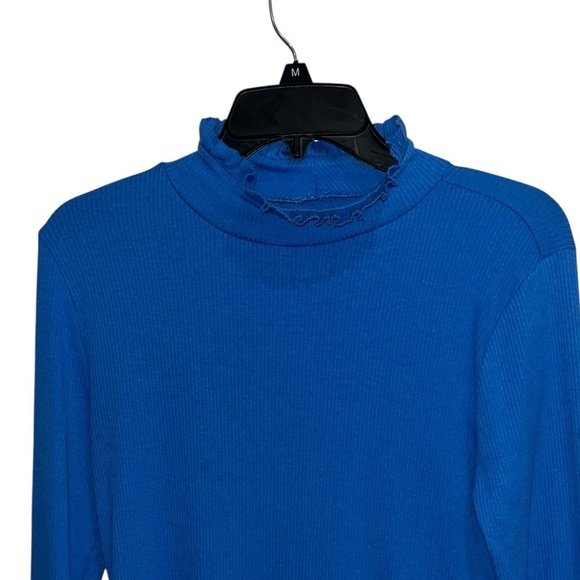 J. Crew Royal Blue Long Sleeve Ruffled Neck Ribbed Size Medium - Picture 2 of 8